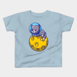 Cute Astronaut Cat Sitting On Moon Cartoon Kids T-Shirt